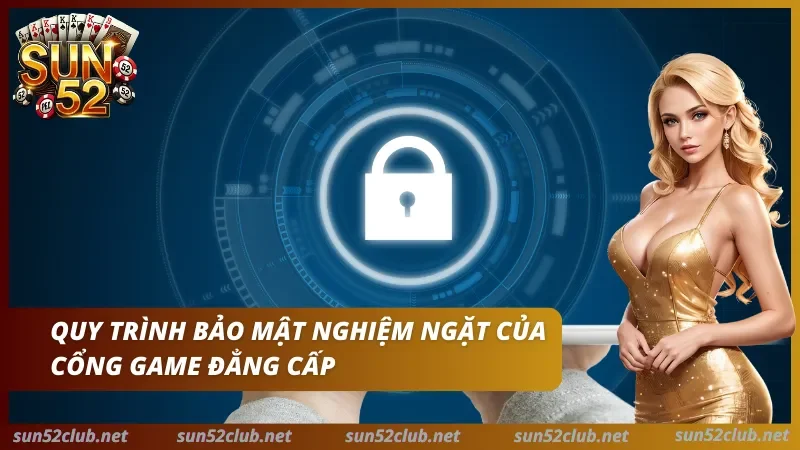 Chính Sách Bảo Mật Sun52 - Quy Định Dữ Liệu & Tài Khoản 3 Ảnh Sun52 có biểu tượng ổ khóa và dòng Quy trình bảo mật nghiêm ngặt của cổng game đẳng cấp
